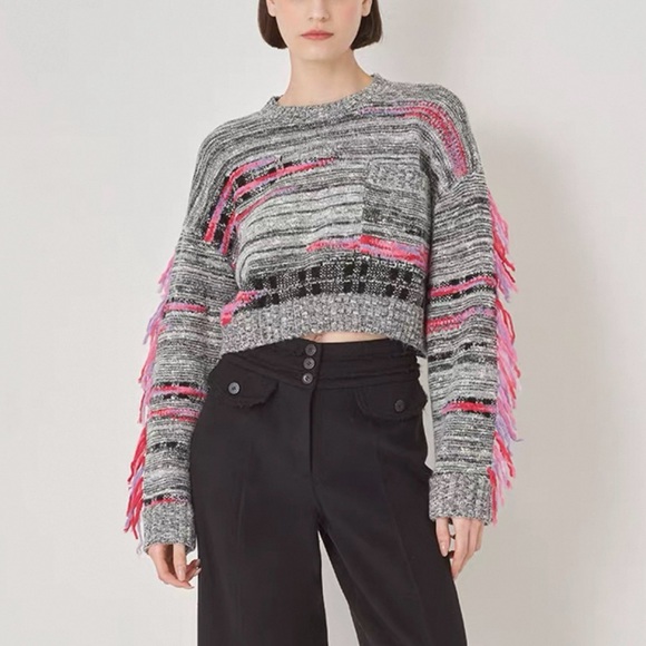 Black and White Knitted Crew Neck Sweater with Pink and Purple Tassels - Picture 1 of 14